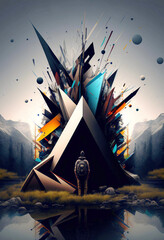 Abstract Wilderness Design of a Man Looking at Black Triangul&auml;r Shape Surrounded by Different Shapes in the Middle of the Forest.