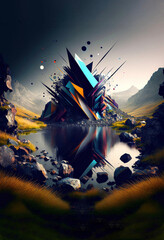 Abstract Landscape With Diagonal Shapes Protuding From The Base Of A Lake