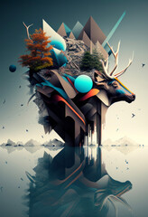 Abstract Nature Deign Of A Deer Surrounded By Trees And Shapes #2