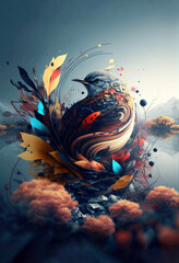 Abstract Nature Design Of A Bird Sitting On Colorful Leaves With Trees