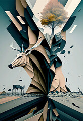 Abstract Nature Design of a Deer Encased with Muted Colored Shapes in The Center of a Highway