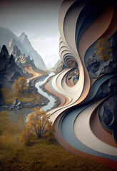 Abstract Landscape With Trees, Mountains and Swerving Line In Muted Colors #1