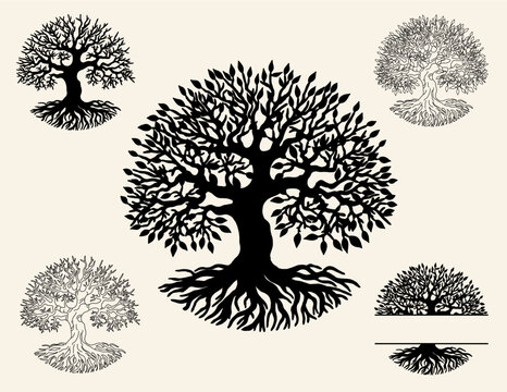 Ancient Tree of Life Vector Set, Hand-drawn Tree Clipart, Family Name Split Tree Monogram, Monochrome Tree Silhouette