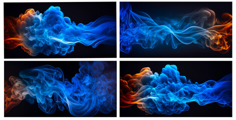 Smoke abstract blue wave set for mobile, web, YouTube, twitter background. Special effects smoke and fire banner. Colorful red, yellow, blue curves connectivity concept design for technology backdrop.