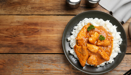 Delicious butter chicken with rice served on wooden table, flat lay. Space for text