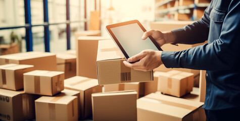 Small business aspiring entrepreneur, small and medium business freelance working in home office using tablet, online marketing packaging box delivery, SME e-commerce telemarketing concept, digital ai