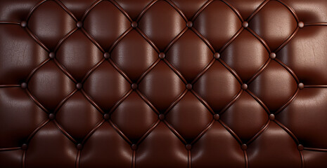Brown leather upholstery. Close-up texture of genuine leather with Brown rhombic stitching. Luxury background. Brown leather texture with buttons for pattern and background.