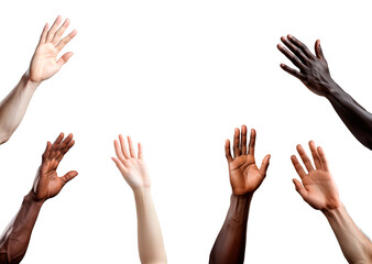 Arms and hands of multiracial unrecognizable people over isolated transparent background with copy space in the middle