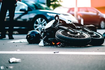Motorbike destroyed after car accident in the street - obrazy, fototapety, plakaty
