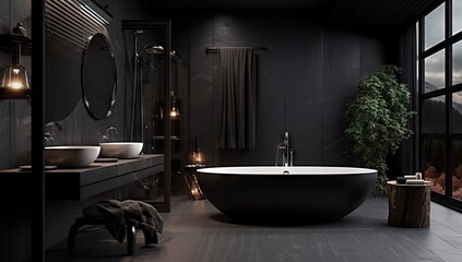 an all black bathroom with a tub Generative AI
