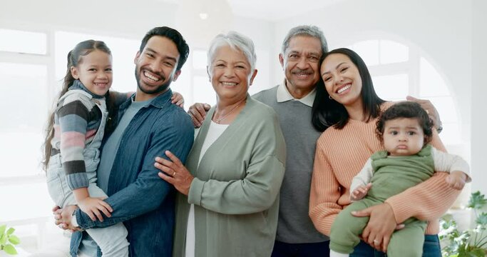 Children, grandparents and family portrait at home with love, care and happiness. Senior man, woman and young parents with kids together for quality time, security and support or bonding with a smile