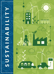 Green vertical ecological sustainability poster with flat icons Vector illustration