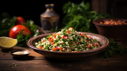 Middle Eastern Delight: Tabbouleh Salad with Quinoa and Fresh Ingredients. Top-View on Black Table Background.
