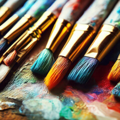 Obraz premium Arranged used paint brushes,watercolor painting tool.generative AI