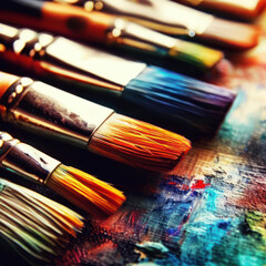 Fototapeta premium Arranged used paint brushes,watercolor painting tool.generative AI