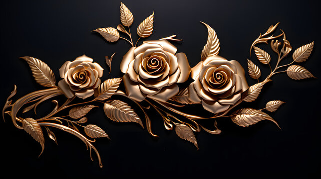 Golden roses on black background. Elegant golden roses flowers wall art
