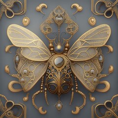 A piece of jewelry. A golden butterfly encrusted with diamonds. Print in the form of a decoration with an insect.