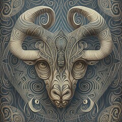 The head of a aries (ram) monster with an Arabesque pattern on the skin. Decorative rosette with a fantastic animal. The brown beast.