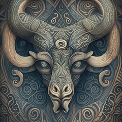 The head of a aries (ram) monster with an Arabesque pattern on the skin. Decorative rosette with a fantastic animal. The brown beast.