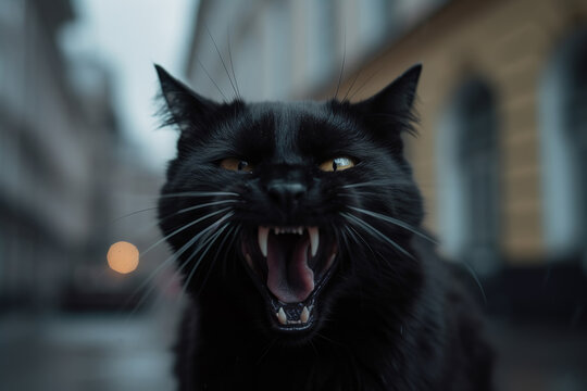 Angry black cat hissing at city street