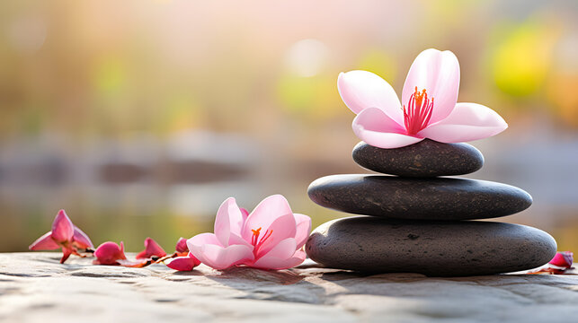 Lily and spa stones in zen garden. Stack of spa massage stones with pink flowers 
