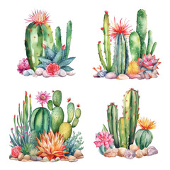Cactus with flower watercolor paint collection