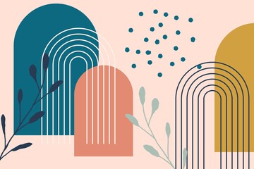 Coloful abstract with popular Boho elements background. Modern wall decor contemporary art print. © millefloreimages