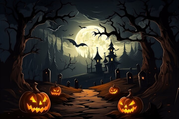 Fototapeta premium Halloween woods, trees, bats and pumpkins under full moon at night