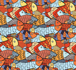 Cute seamless pattern with mess of bright red and blue overlay decorated fishes. Stylized doodle bright aquarium or river fish texture for kids textile, swimwear, wrapping paper, background, surface