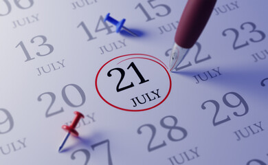 July 21st.  Calendar date. close up a red circle is drawn on July 21st  to remember important events