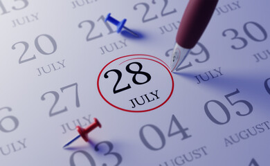 July 28th.  Calendar date. close up a red circle is drawn on July 28st to remember important events