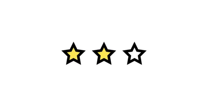 Three Stars Rating animation. Set of Stars. Two Star Rating on White Background. Product Quality, Feedback, Customer review