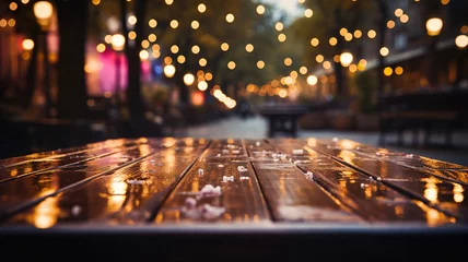 Fototapeten A modern empty wooden terrace with abstract night light bokeh from a garden night festival © Putra
