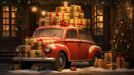 Christmas travel red car with boxes and gifts