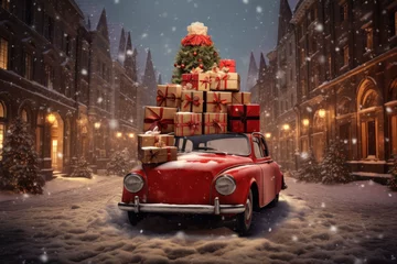 Zelfklevend Fotobehang Christmas travel red car with boxes and gifts © STORYTELLER
