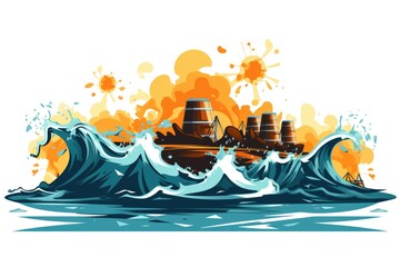 A ship in the middle of a big wave. Digital image. Nuclear accident, contaminated sea water.