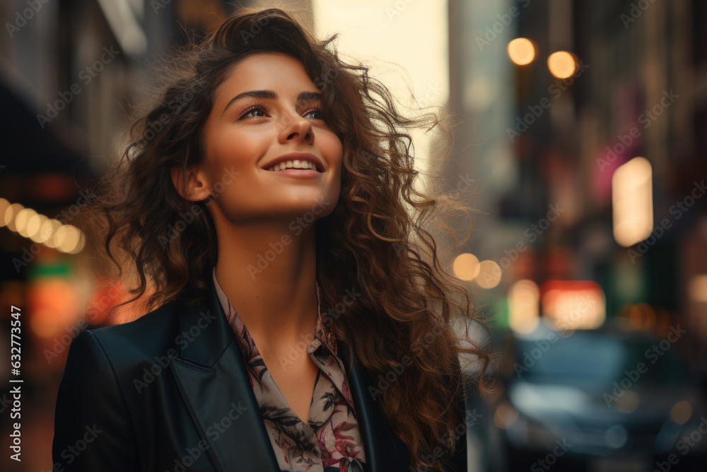 Wall mural Happy businesswoman standing in big city dreaming of new investment opportunities.