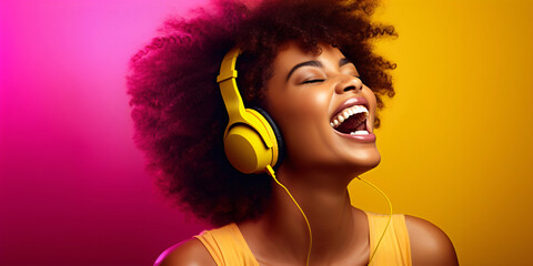 laughing young black woman with headphones in front of a colorful background