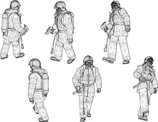 Fototapeta na wymiar Vector sketch illustration of a firefighter in safety uniform complete with helmet