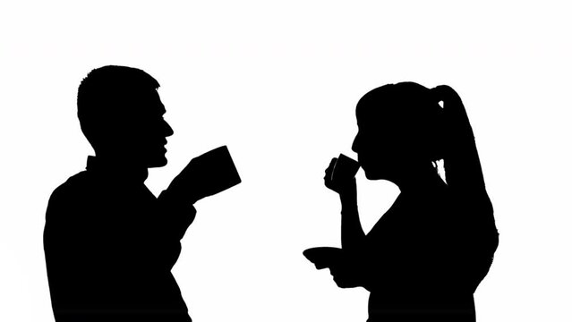 Silhouette of couple man and woman drinking drinks. black and white mask