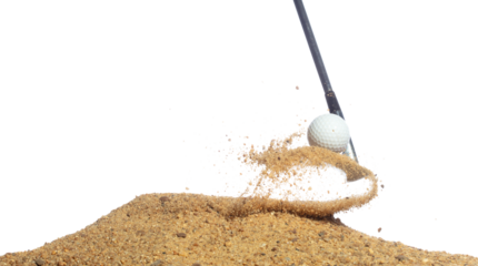 Golf ball explode from sand bunker. Golfer hit ball with club to sand explosion to green. Golf club hit ball in sand bunker explosion. White background isolated freeze motion