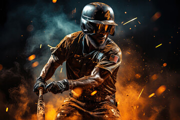 Photorealistic illustration of baseball player swinging a bat, surrounded by sparks and smoke. 
This image was created using AI generative technology.	