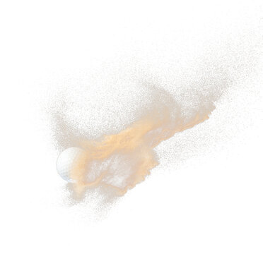 Golf ball explode from sand bunker. Golfer hit ball sand explosion in mid air. Golf club hit ball tee in sand bunker explosion. Black background isolated freeze motion