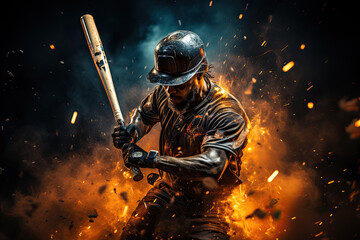 Photorealistic illustration of baseball player swinging a bat, surrounded by sparks and smoke. 
This image was created using AI generative technology.	
