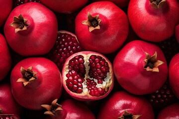 Abundance of fresh and healthy pomegranates fruit background texture - obrazy, fototapety, plakaty