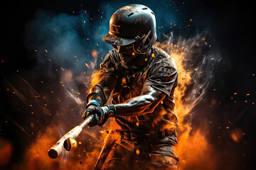 Photorealistic illustration of right-handed baseball player hitting a ball, surrounded by sparks and smoke. 
This image was created using AI generative technology.	