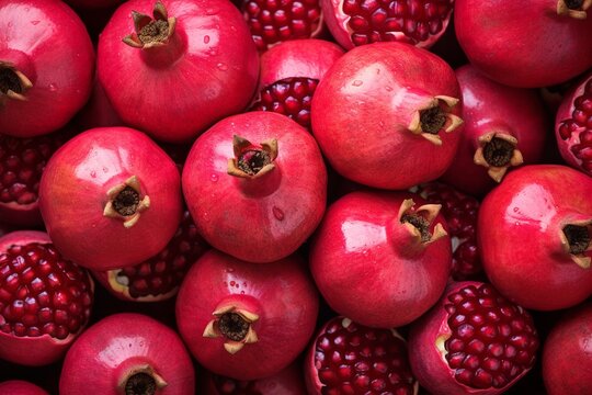 Abundance of fresh and healthy pomegranates background texture