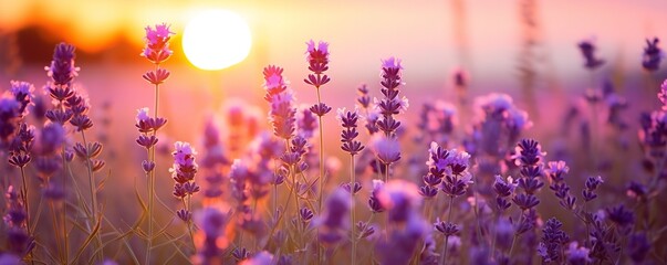 sunset in a field of lavender flowers landscape background