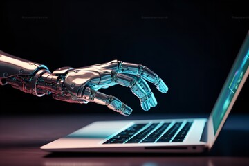 AI, Machine learning, Hands of robot searching on a computer, Science and artificial intelligence technology, innovation and futuristic