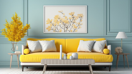 A living room with a yellow couch and a coffee table. Digital image.